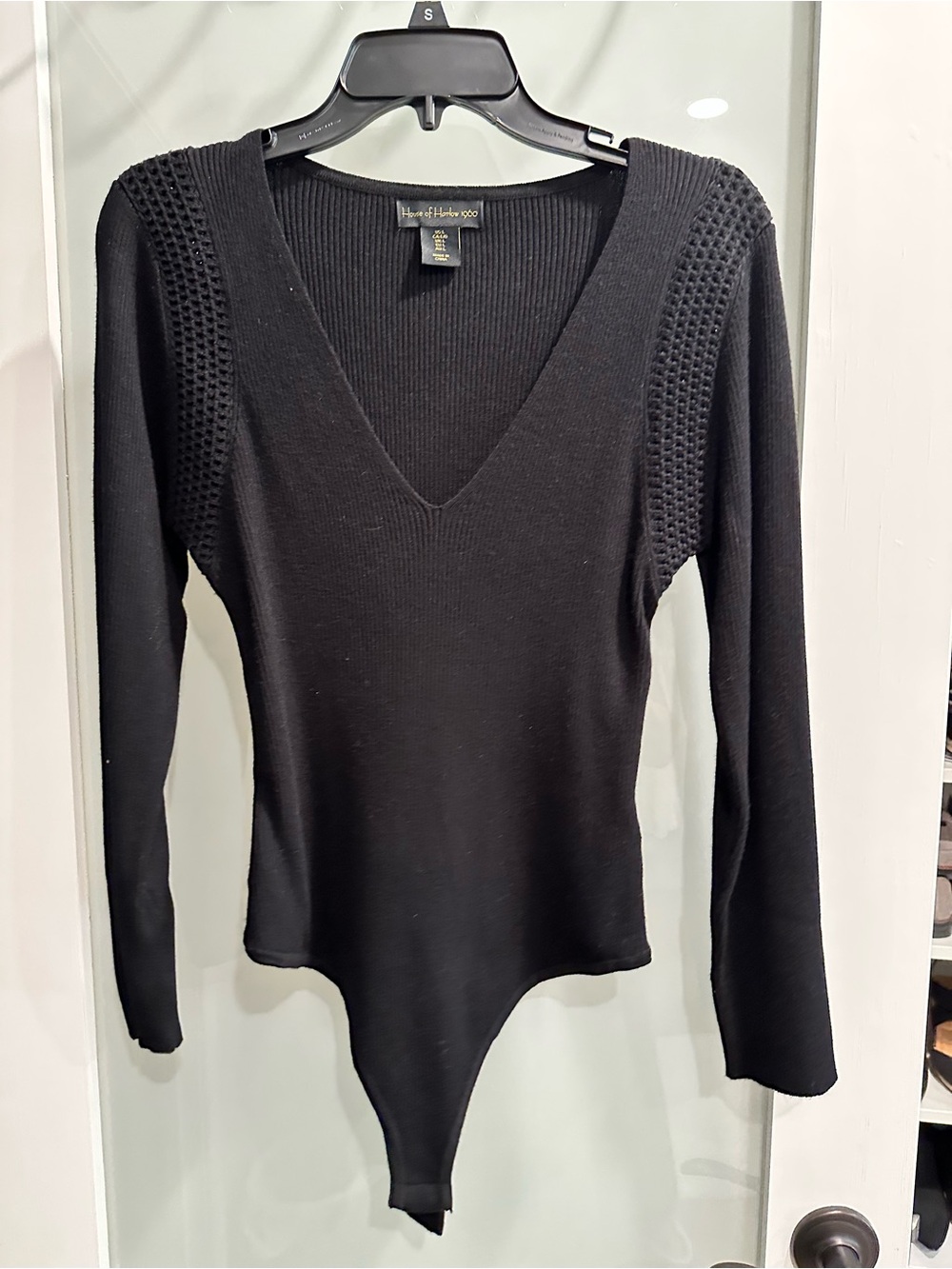 House of Harlow 1960 Black Ribbed V-Neck Long Sleeve Bodysuit